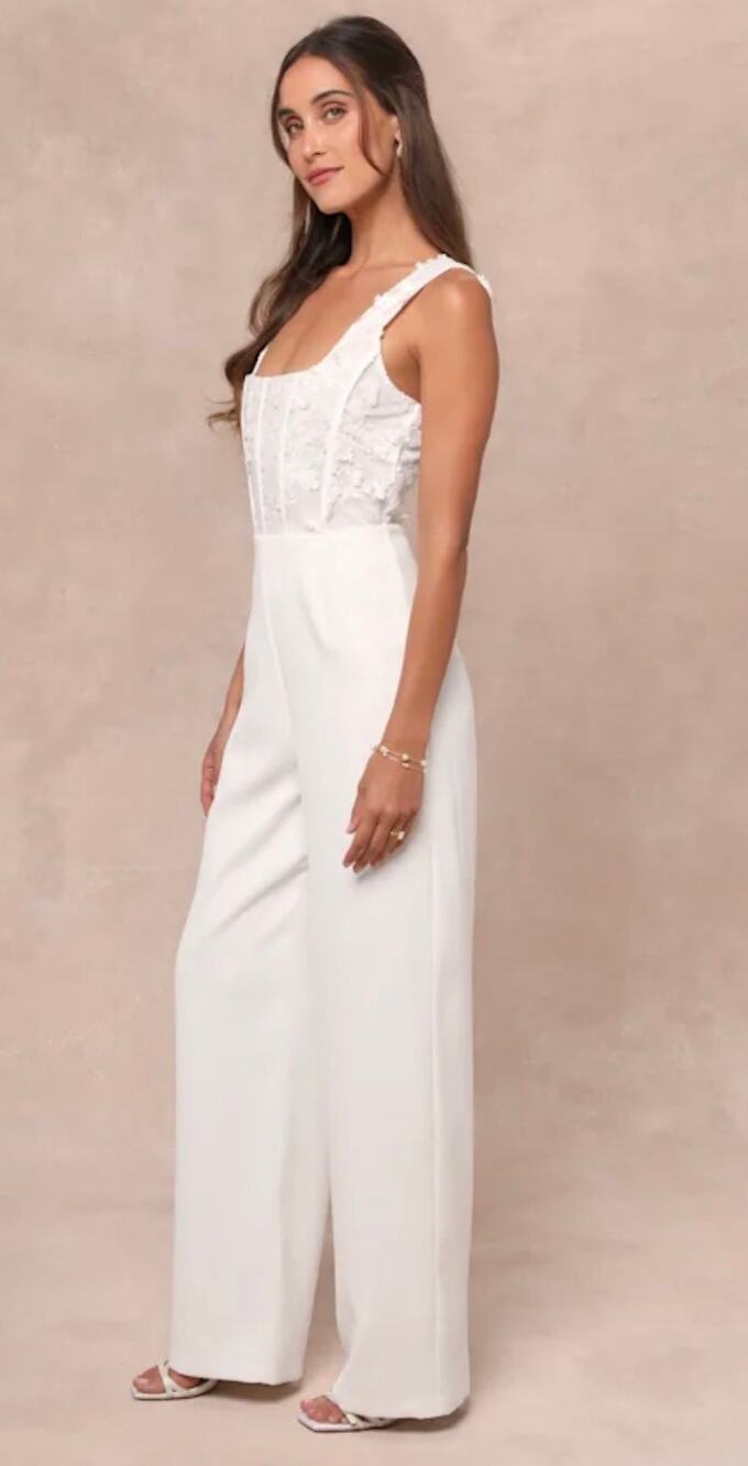 NWT! Lulus Truly Profound White Mesh 3D Floral Embroidered Bustier Jumpsuit S